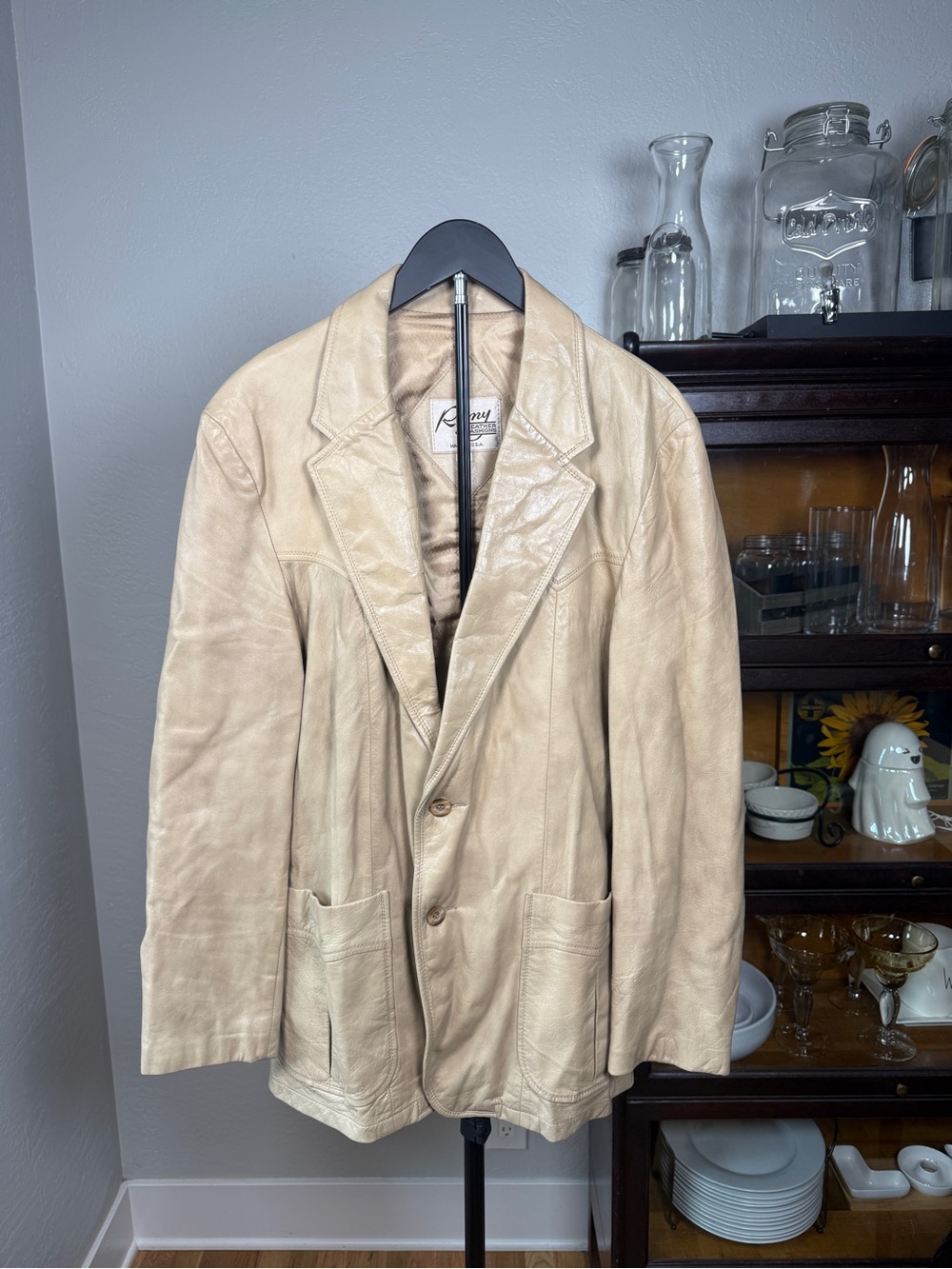 Remy Leather Fashions USA Vintage Cream Leather Blazer Western Jacket Size 44